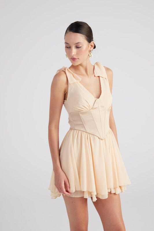 Bagclo Fiona Beige Ruched Mini Dress